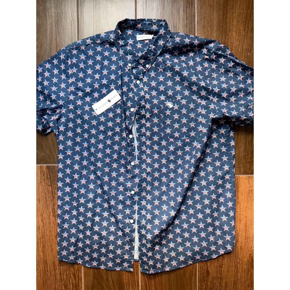 Southern Proper Mens XL Navy Blue Americana Star Print Short Sleeve Button Down